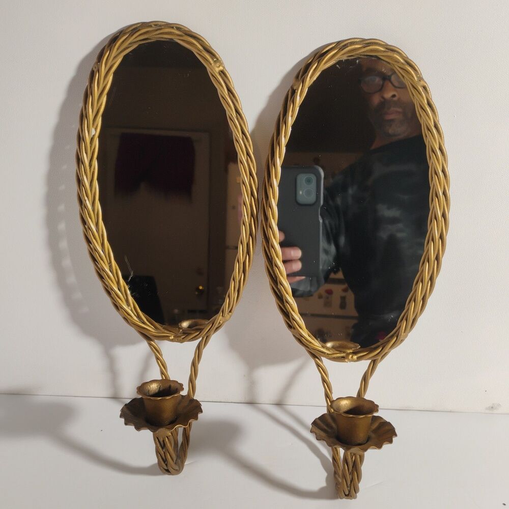 Vintage Gold Rope Mirror Candle Sconces Pair Oval Wall 12"